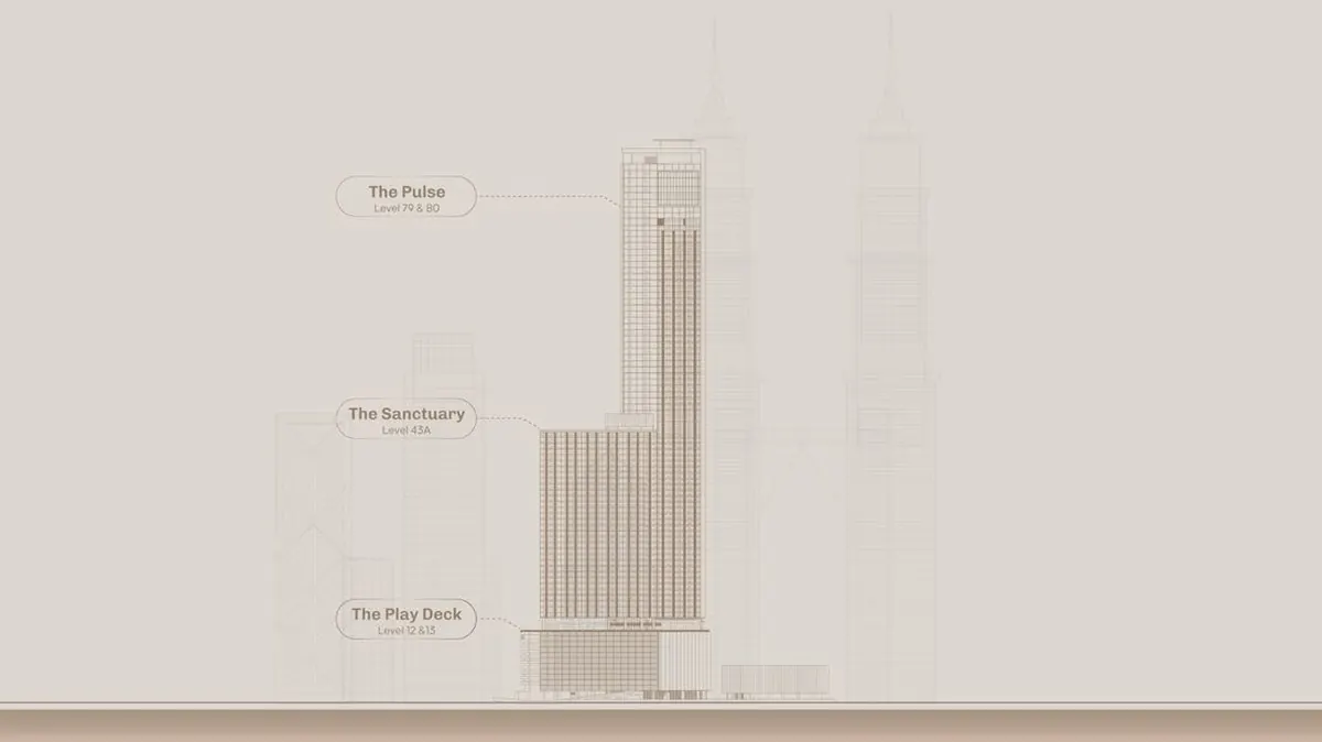 Divine KLCC building elevation showing The Play Deck, The Sanctuary and The Pulse levels