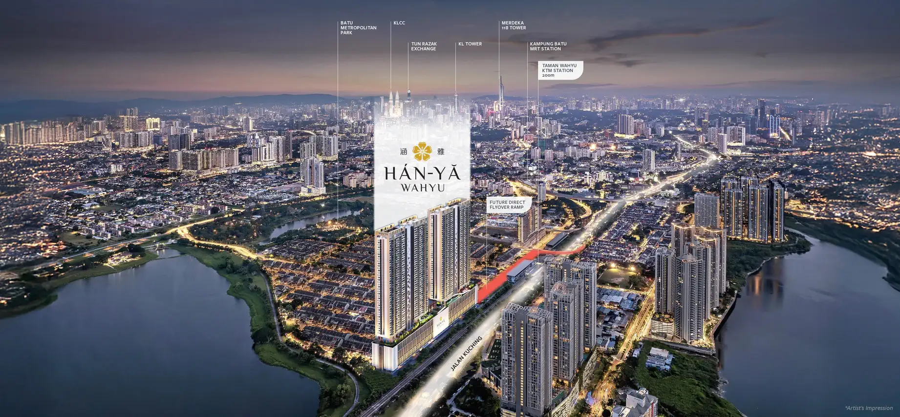 Hanya Wahyu aerial view — lake in front, KL city skyline behind, 200m to KTM Taman Wahyu (artist's impression)