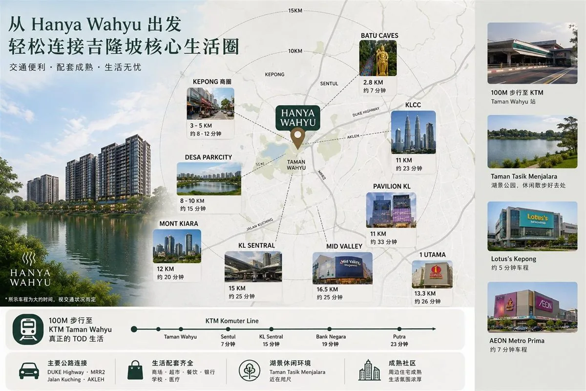 Hanya Wahyu life circle map — distances to KLCC, Mont Kiara, Desa ParkCity, Batu Caves and KTM Komuter line