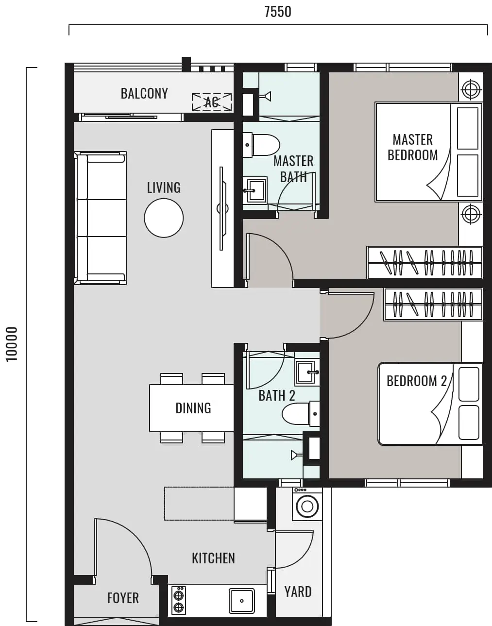Hanya Wahyu Type A 735 sqft 2-bedroom floor plan
