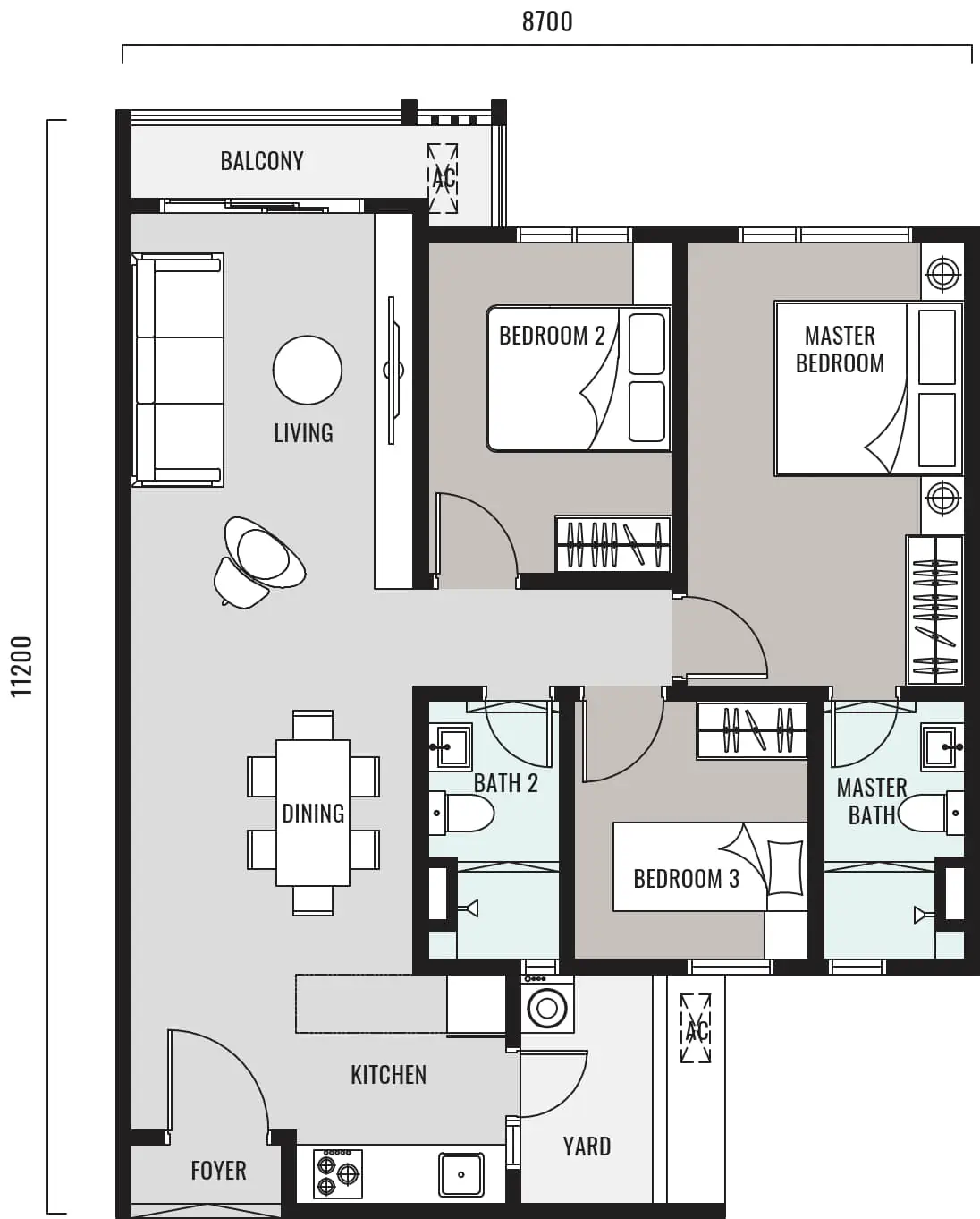 Hanya Wahyu Type B 900 sqft 3-bedroom floor plan