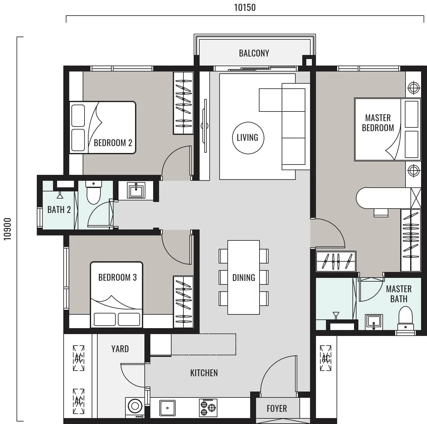 Hanya Wahyu Type C 1030 sqft 3-bedroom floor plan