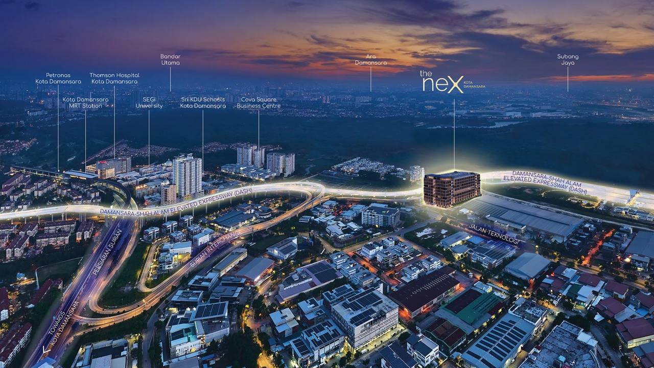 The NeX Kota Damansara — aerial context with MRT, DASH highway and landmarks