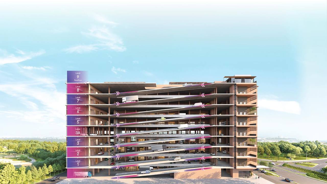 The NeX cross-section — vehicle ramp access to every floor
